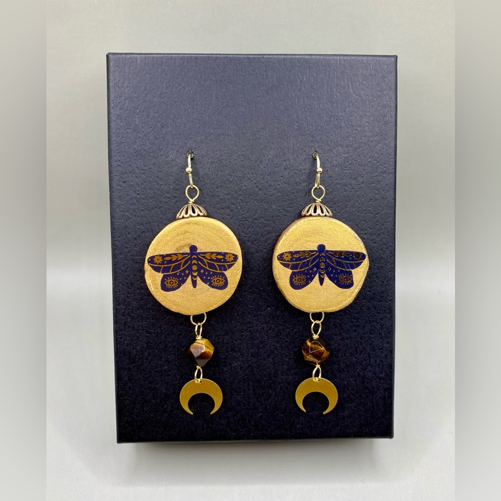 🌚Whimsigoth Moth Tiger’s Eye Moon Earrings
